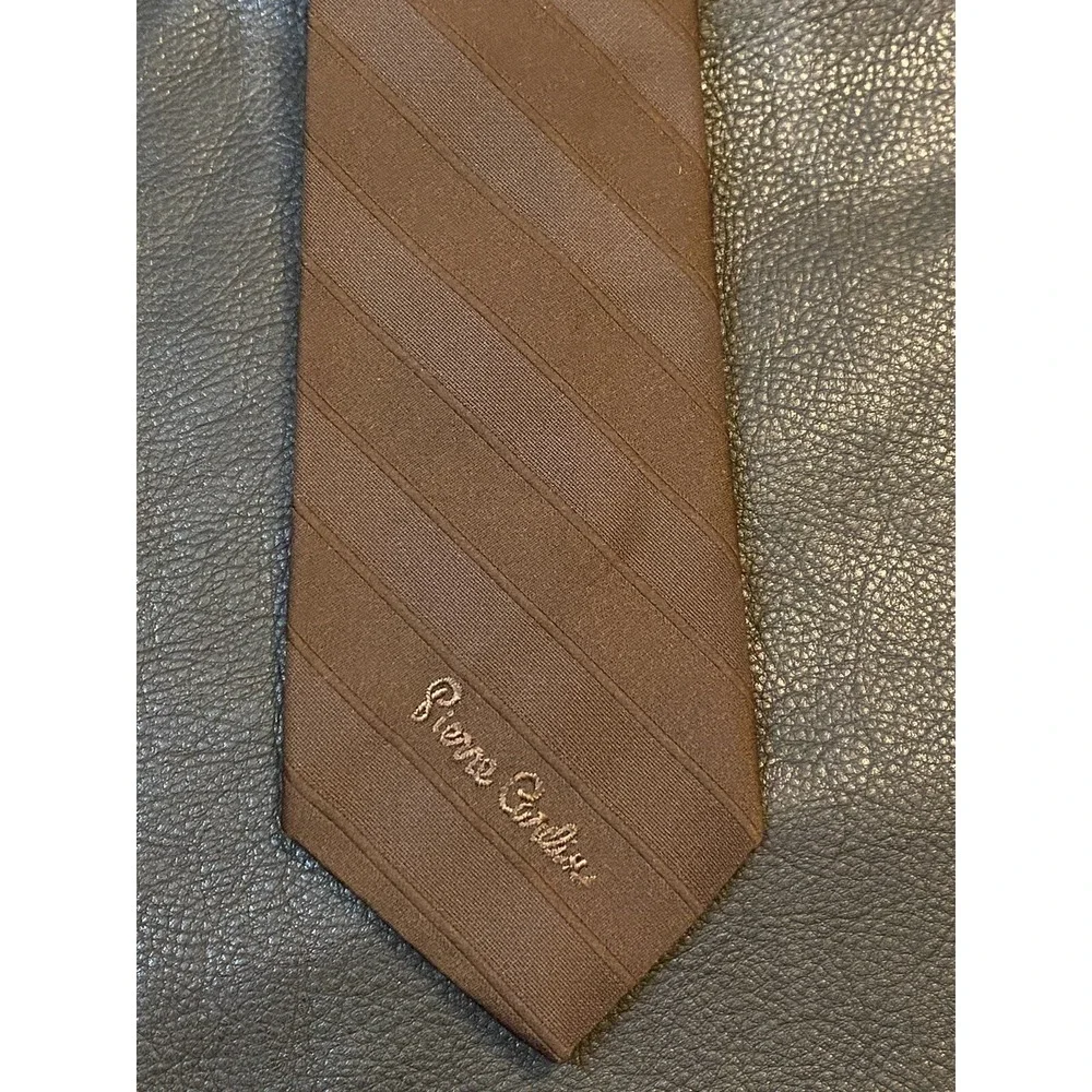 Pierre Cardin Vintage Men's Tie Brown Diagonal Stripes Polyester Logo Slim Style